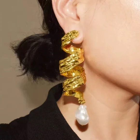 Gold Spiral Pearl Drop Earrings - Picture 2 of 3